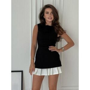 Commense‎ Sleeveless Mini Dress Black White Pleated Skirt Party Cocktail Dress S
